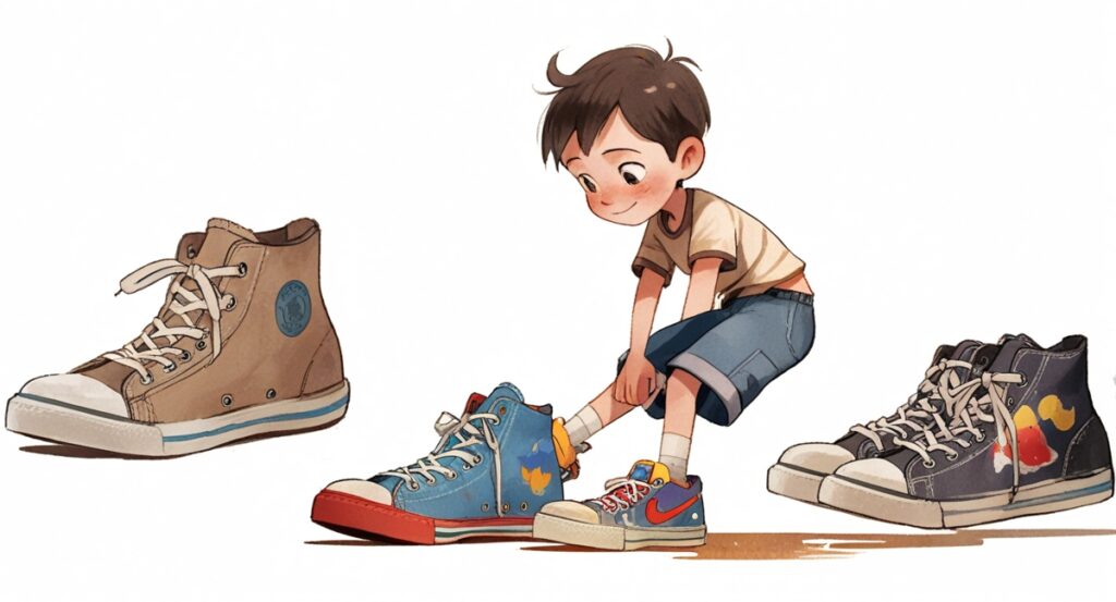 a cartoon of a boy tying his shoes