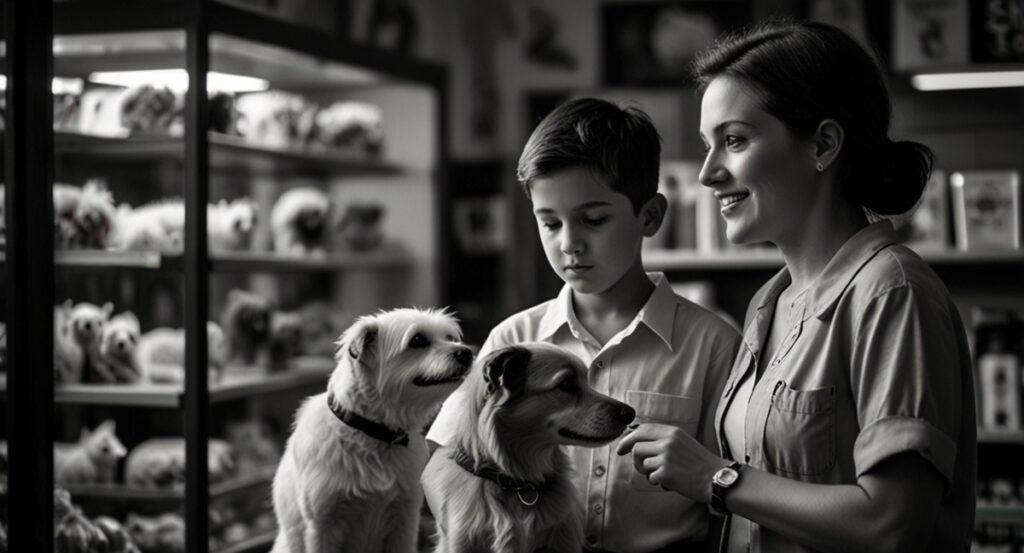 A boy at the Pet Shop with mom talking with shopkeeper