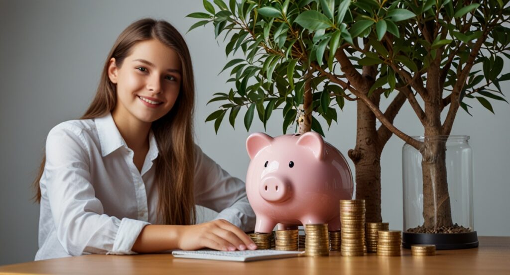 student saving money with a piggy bank
