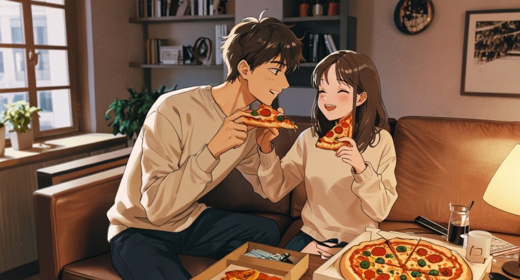 a man and woman eating pizza