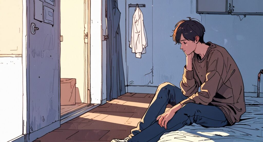 a cartoon of a man sitting on a bed